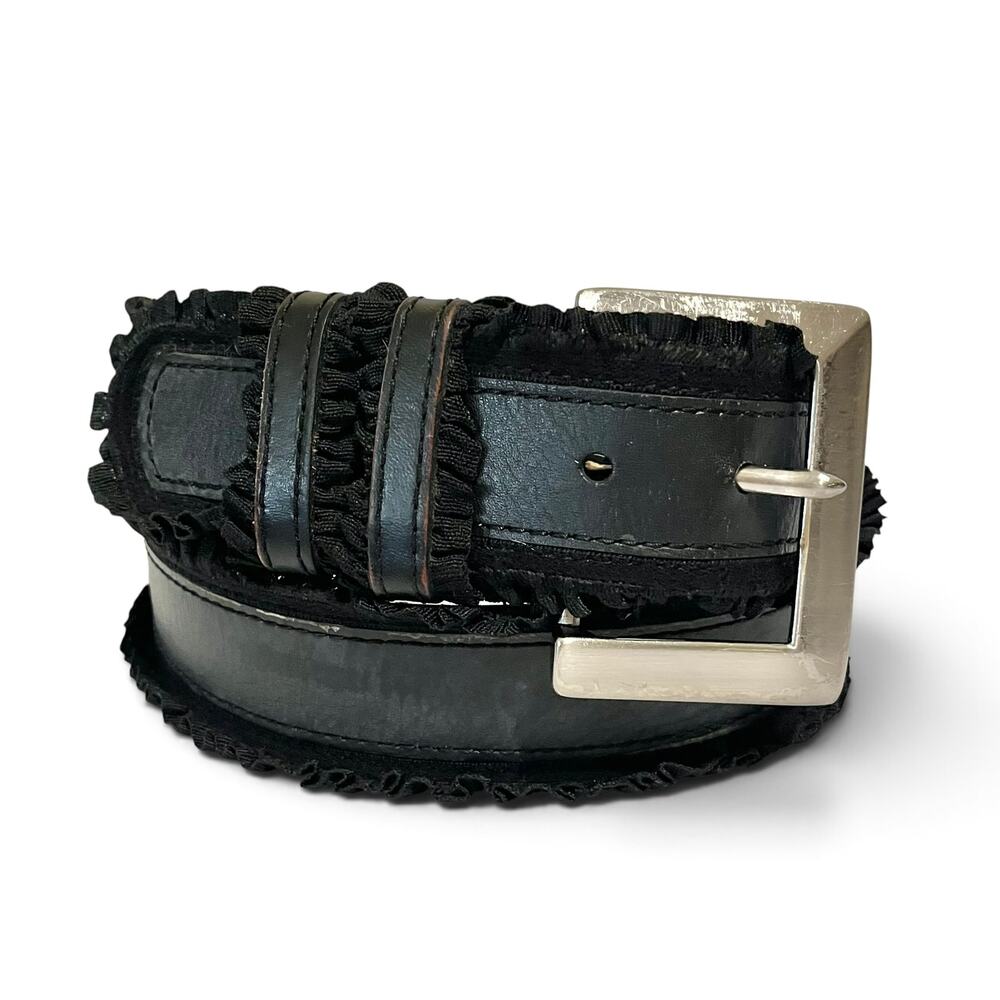 Betsey Johnson Vintage Black Leather Grosgrain Ruffle Trim Belt Size L